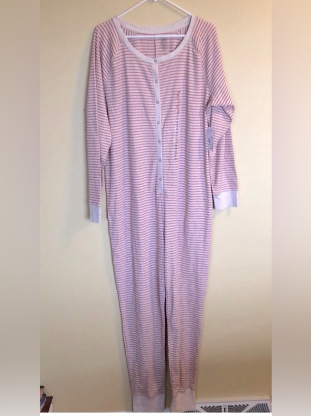 NWT Jockey Waffle Union Suit 1 Pc Pajamas in oatmeal tan / reddish pink stripe